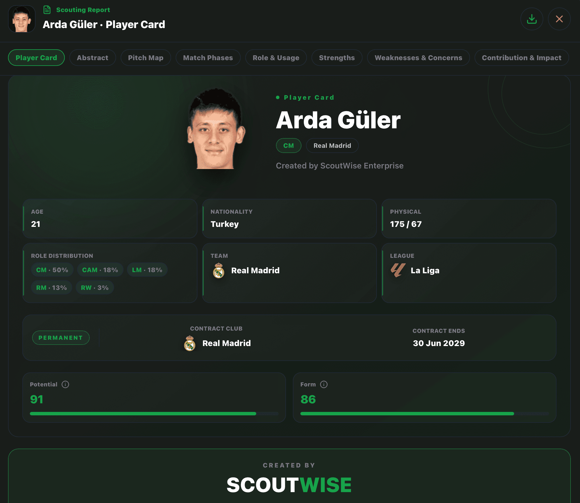 ScoutWise Enterprise player scouting report