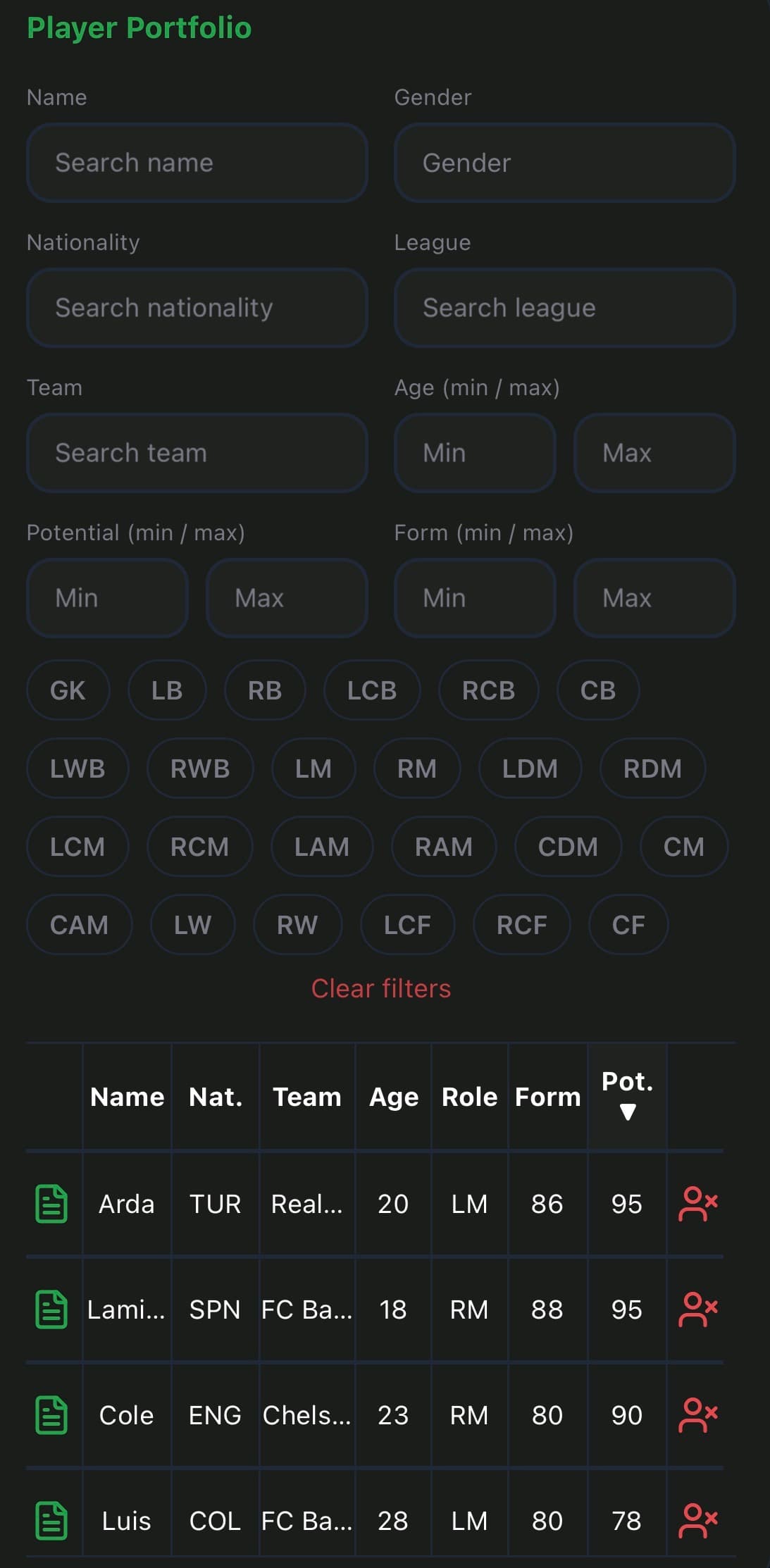 Player Portfolio screen