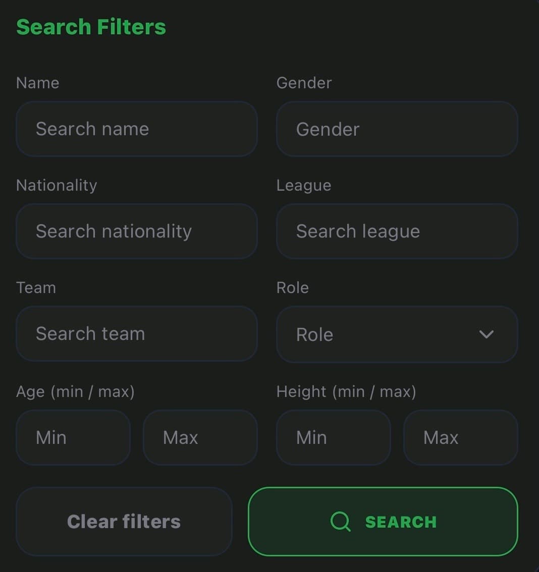 Search Filters screen