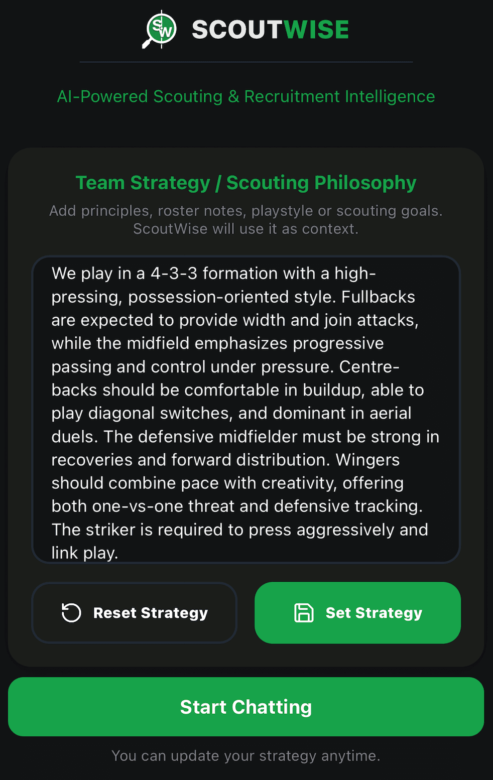 Team Strategy screen